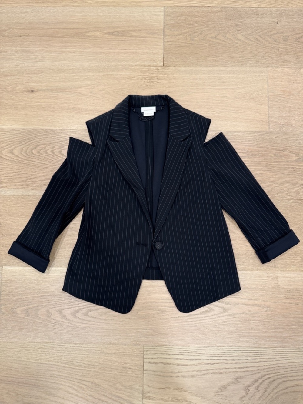 Miss Sixty Black Pinstripe Cold-Shoulder Blazer with Notch Lapel